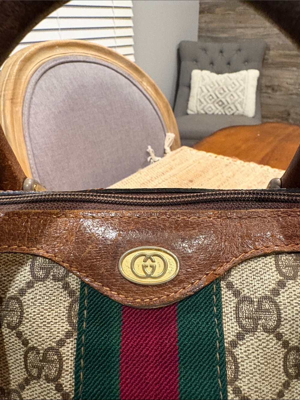 Gucci Brown Monogram Boston Bag with Green and Red Stripe - Picture 3 of 14
